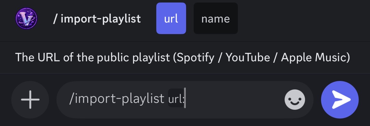 Vexora /import-playlist command importing tracks from a URL inside Discord