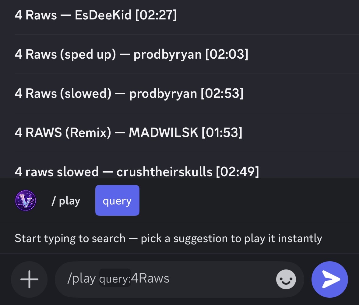 Vexora /play command showing live autocomplete suggestions inside Discord